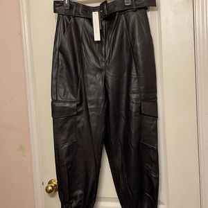 INC Womens Cargo Pants Deep Black USA Faux Leather Belted Waist $99